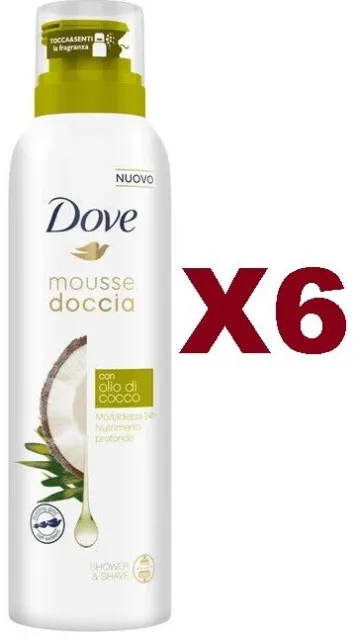 6 Pz Dove Mousse Doccia Con Olio Di Cocco 200Ml Ti Lavi E Radi  Morbidezza 24H