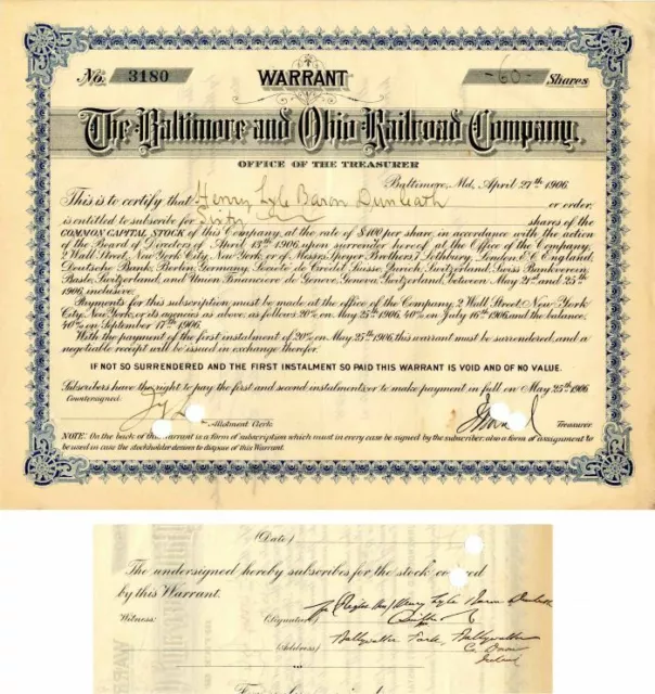 Baltimore and Ohio Railroad Co. Issued to and Signed by Henry Lyle Baron Dunleat