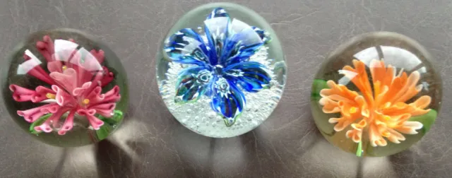 3 Beautiful Flower 2-1/2" Glass Paperweights   (X998)  Delightful Colors