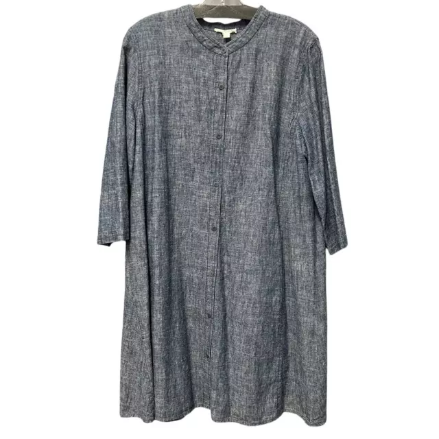 Eileen Fisher Hemp Cotton Long Sleeve Shirt Dress Womens L Blue