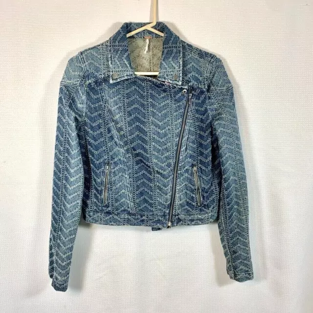 Free People Women' Punched Denim Moto Jacket Size 8 Herringbone Blue Jean Biker