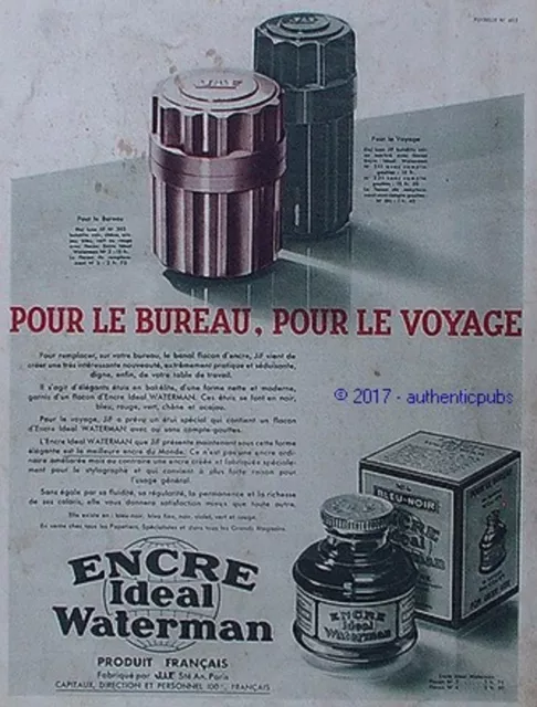 Publicite Waterman Encre Ideal Flacon Encrier Bureau De 1932 French Ad Pen Pub