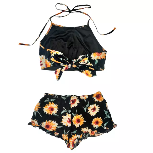 Reverse Two-Piece Sunflower Coord Set Halter Crop Top Ruffle Shorts Black S 2