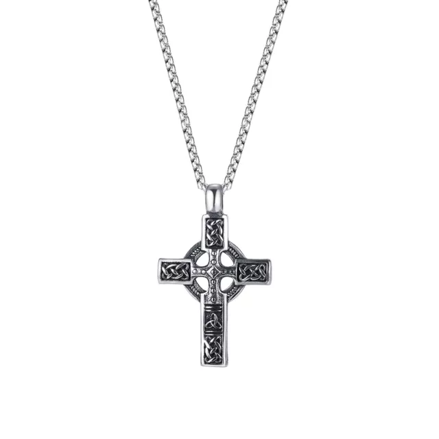 Mens Irish Celtic Trinity Knot Cross Pendant Necklace Stainless Steel Set