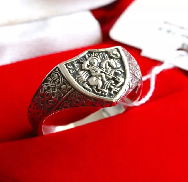 Saint George Warrior & Dragon Russian Greek Orthodox Prayer Ring Silver 925 NEW