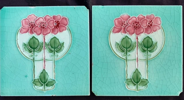 5 antique English Art Nouveau tiles 2 T & R Boote, 3 unknown mfg, all tubelined 9
