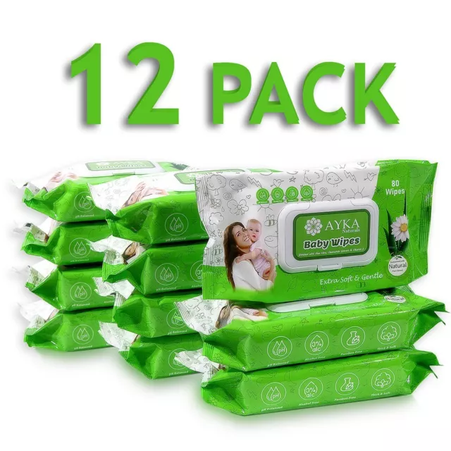 12PK Ayka Naturals Baby Wipes enriched with Aloe Vera Chamomile Extract VitaminE