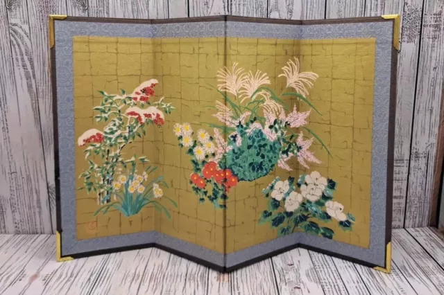 Vintage Asian Woodblock Rice Paper Tabletop Folding Screen