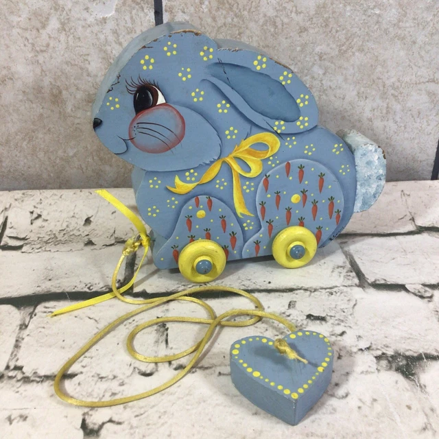 WOODEN BUNNY RABBIT ON WHEELS PULL TOY Vintage Reproduction Folk Art