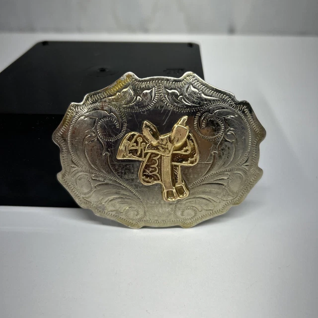 Vintage Nickel Silver Ornate Horse Saddle -Cowboys Cowgirls Belt Buckle