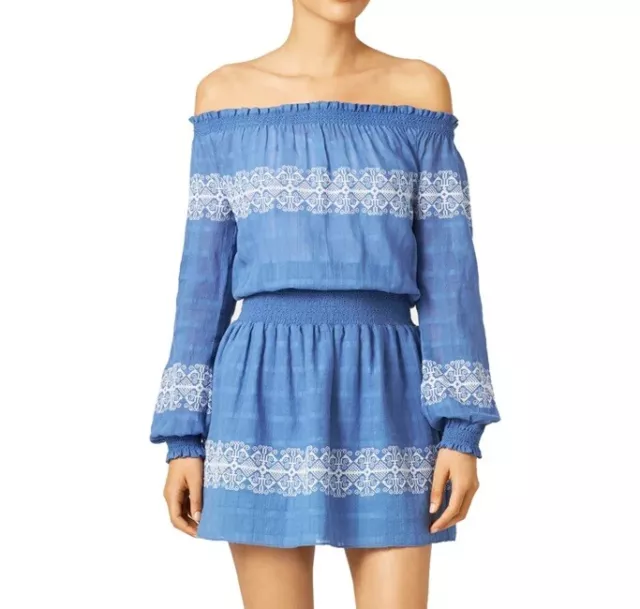 Tory Burch Blue White Embroidered Off-Shoulder Smocked Loretta Mini Dress Medium