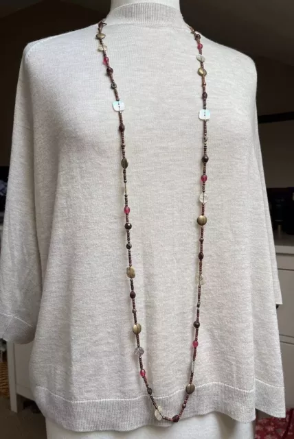 Fat Face Beaded Necklace Glass, Shell, Metal Beads Brown / Cream 54” Long Boho