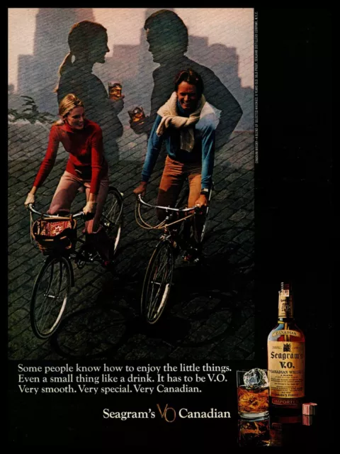 1970 Seagram's VO Canadian Whisky Couple Riding Bicycles Vintage Print Ad