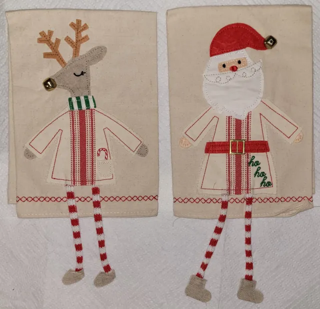 X2 Mud Pie Christmas Santa & Reindeer Dangle Leg Hand Towels 14x21"