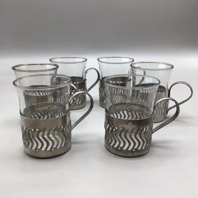 Set of 6 Vintage Glass Coffee Cups in Silver Metal Holders.