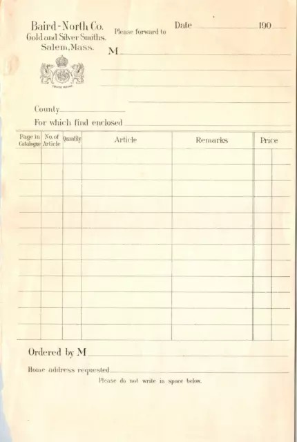Baird North Co Salem MA 1900s Blank Billhead Jewelers Silversmiths