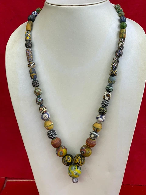 beautiful ancient old mosaic Gabri glass beads necklace