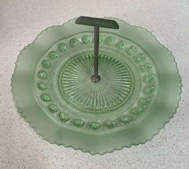 Vintage GREEN  Depression GLASS Serving PLATE With HANDLE, Deco 26cm