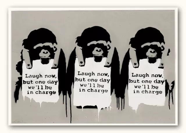 BANKSY MONKEYS Laugh Now Tan *FRAMED* CANVAS ART Graffiti Art - 20x16"