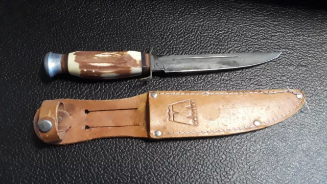 Vintage Monarch Stag Fixed Blade 5.5" Knife With Leather Sheath Made In Japan
