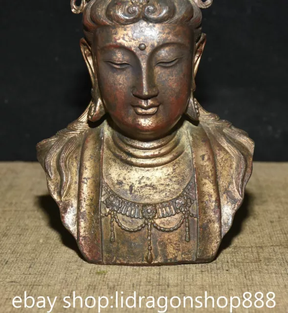 8.4 "Vieille Chine Bronze Doré Kwan-yin Guan Yin Déesse Buste Sculpture 3