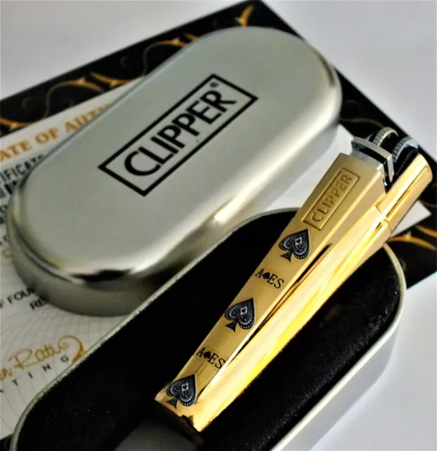 24Ct Gold Plated Clipper Lighter Metal Gas Refillable Poker Aces Gift Boxed 24K