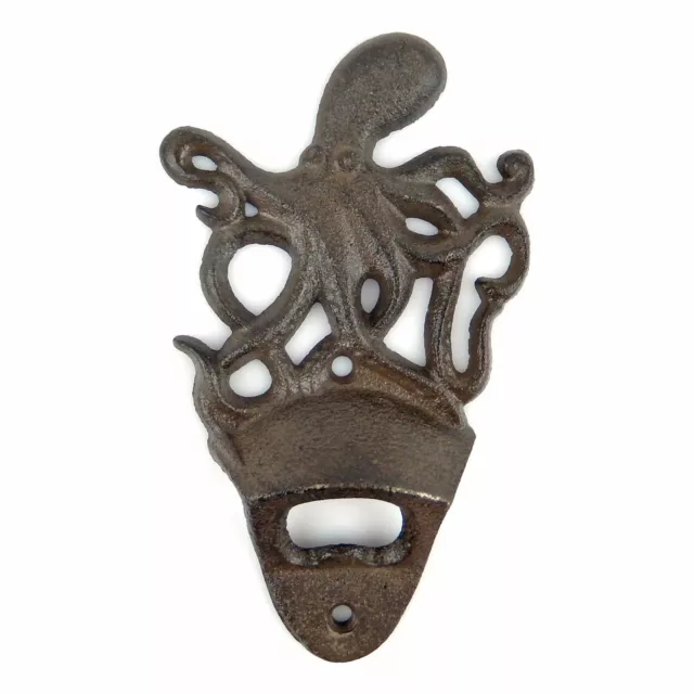 Octopus Beer Bottle Opener Wall Mounted Nautical Rustic Brown Finish Cast Iron