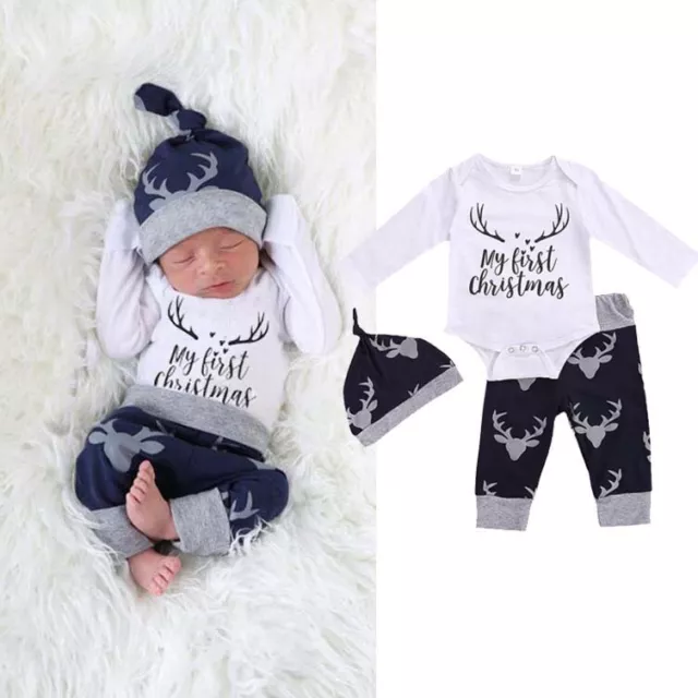 Newborn Baby Boys My First Christmas Outfit Suit Hat Romper Pants Set Clothes