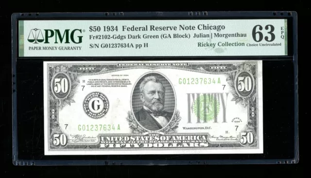 DBR 1934 $50 DGS FRN Chicago Fr. 2102-Gdgs PMG 63 EPQ Serial G01237634A