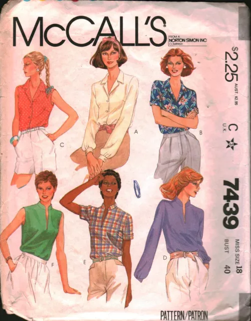 7439 Vintage McCalls SEWING Pattern Misses 1980s Button Front Blouse Top Shirt