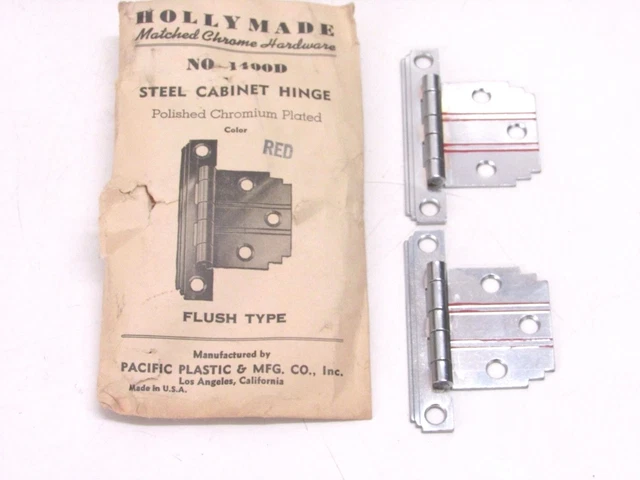 Nos! Vintage Holly Made Chrome Steel Flush Hinges, Red Lines, Stepped Corners