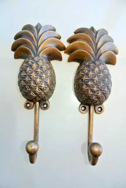 2 large PINEAPPLE COAT HOOKS solid age brass  vintage old style 7" hook B