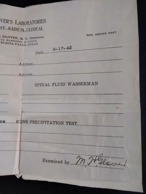 Medical Test Results 1942 Wichita Falls TX Pat Morgan Dr. Glover 6