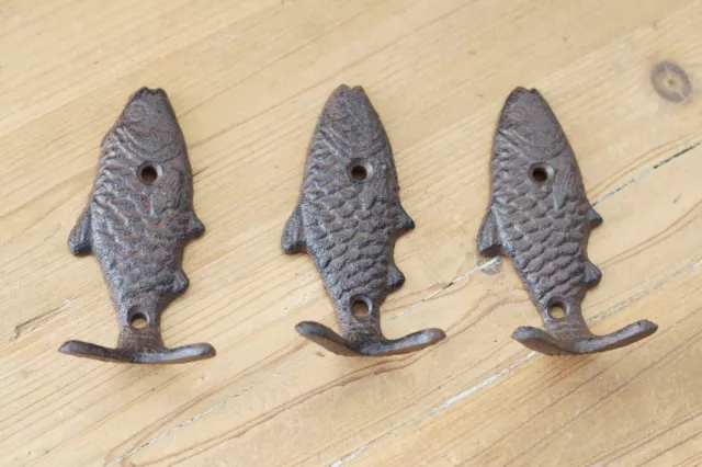 3 Fish Wall Hook Coat Hat Towel Beach Koi Hooks 4 3/4" Rustic Cast Iron Bath
