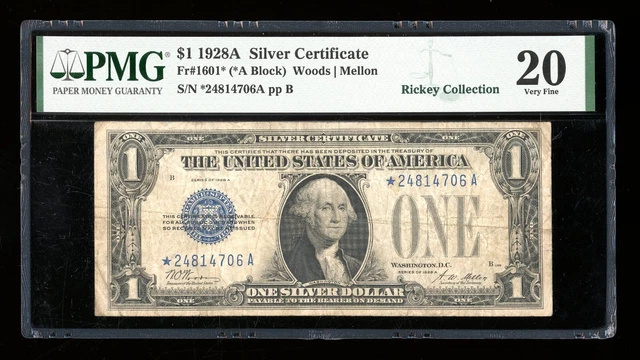 DBR 1928-A $1 Silver Funnyback STAR Fr. 1601* PMG VF-20 Serial *24814706A