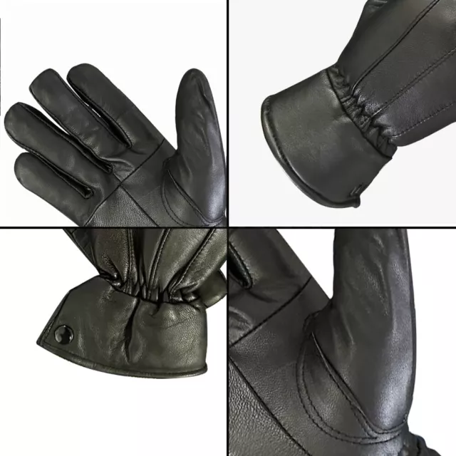 Mens Black Leather driving Winter Gloves Thermal Soft Fleece Lined 3