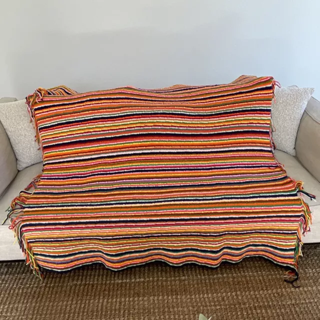 Vintage Hand Crochet Rainbow Multi Color Afghan Throw Lap Blanket Hand Made