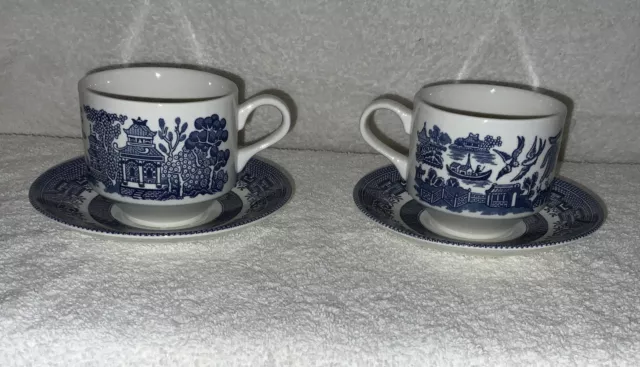 Vintage  Churchill England  "Blue Willow" Cup And Saucer Set Tea Time UK 