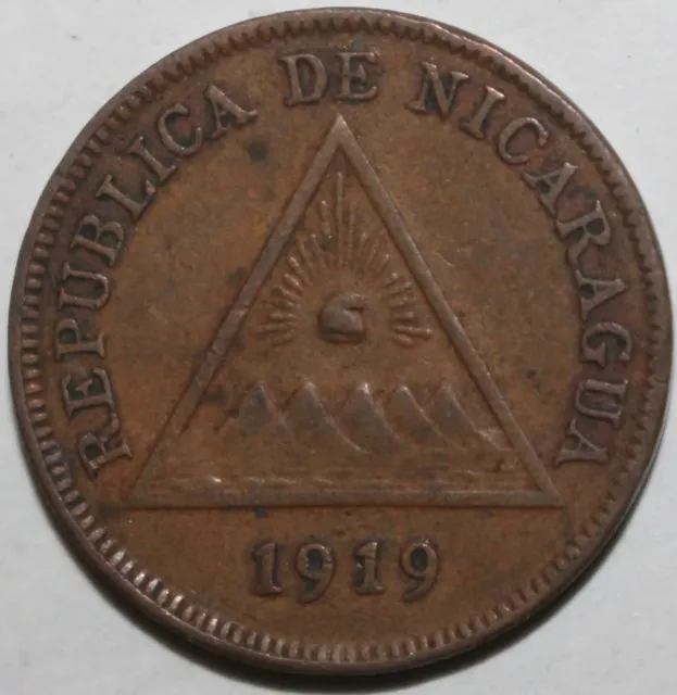 Nicaraguan Un Centavo de Cordoba Coin 1919 KM# 11 Nicaragua One 1