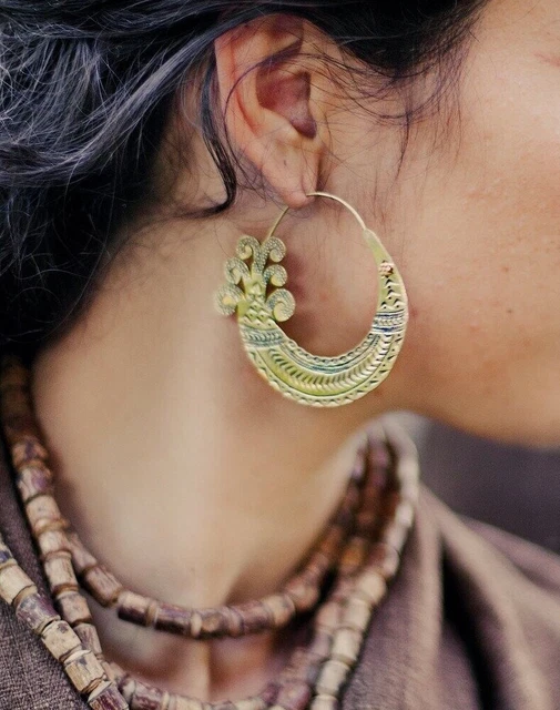 Large Gold Plated Mandala Handcarved Ethnic Tribal Brass Hoops Gypsy Earrings