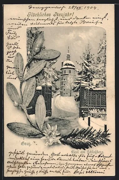Graz, Turm im Winterglanz, Ansichtskarte 1904