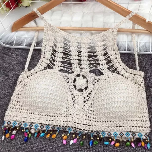 Women Shells Tassel Sexy Bikinis Top Bra Knitted Crochet Swimsuit