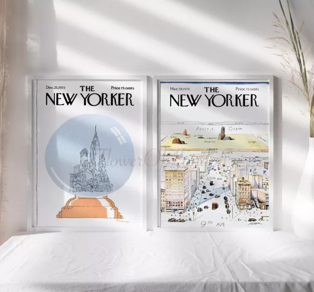 2er Set New Yorker Magazin Cover Drucke The Globe Vintage weich gedämpft, Giclée