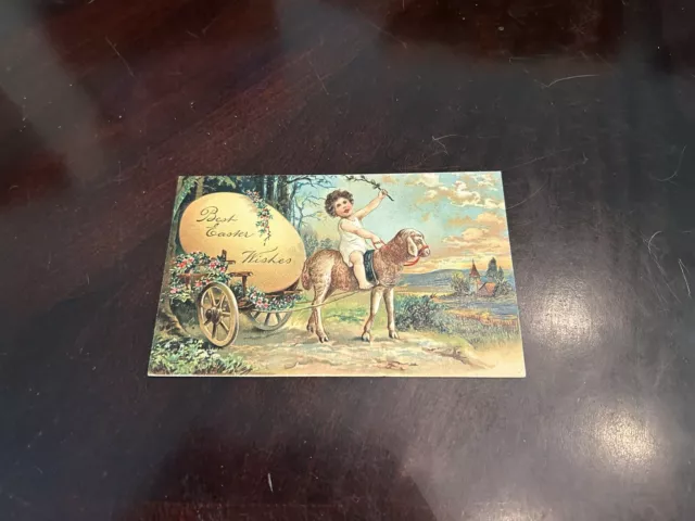 Easter Postcard Happy Boy Rides Big Lamb Drawing Cart with YELLOW EGG