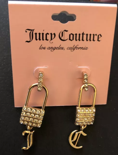 Juicy Couture Gold Tone Padlock Drop Earrings J & C CZ accents NWT