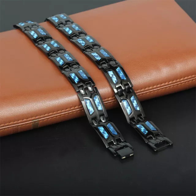 Men's Stainless Steel Punk Bracelet Hot Sale Blue Carbon Fiber Width Magnet