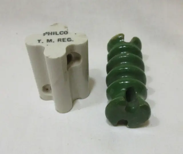 (2) Vintage Porcelain Electrical Insulators, Green, & White PHILCO