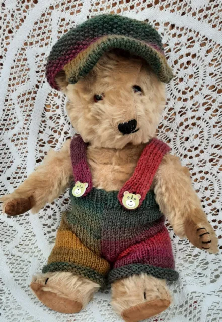 *BEAR KNITS* Hand Knitted  multicoloured trousers and Cap to fit 14" teddy bear
