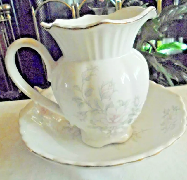 Vintage Maryleige Staffordshire Keramik Waschdarm & Krug/Krug Weiss Mit Rose 3