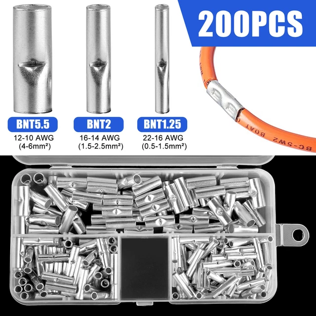 Click Terminals 200PCS BARE WIRE Splice Terminals Ferrule Butt Crimp Connectors 22-10 ...